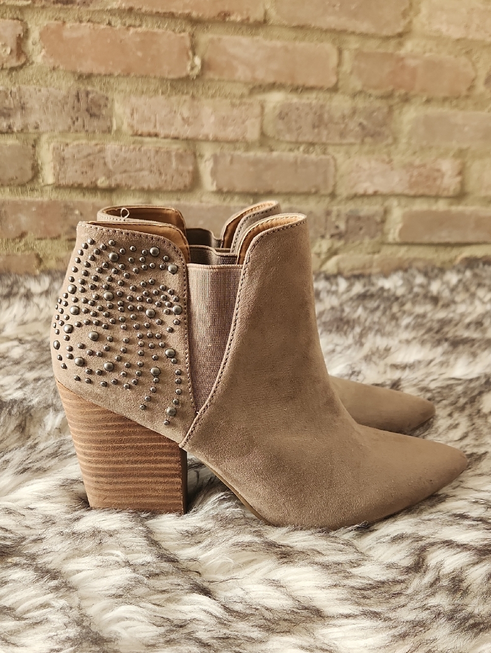 Report Taupe Pointy Toe Suede Studded Booties